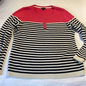 Talbots sweater of bright pink with black & white stripes